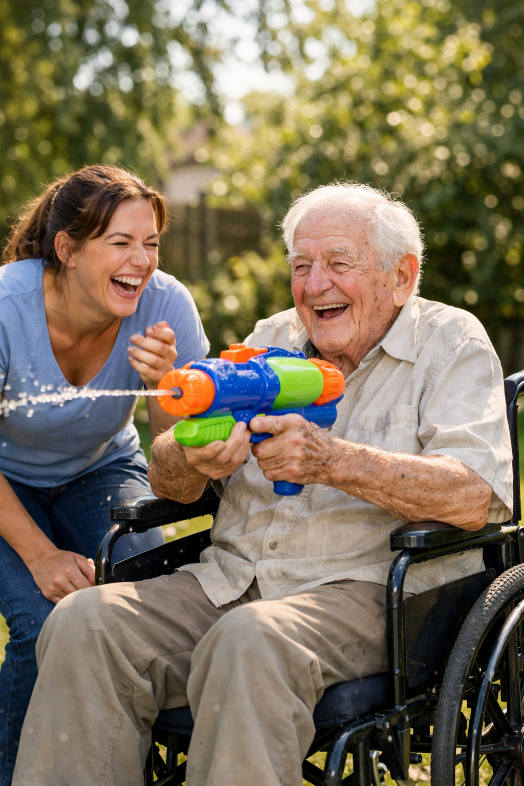 Joyful outdoor moment with a senior and companion