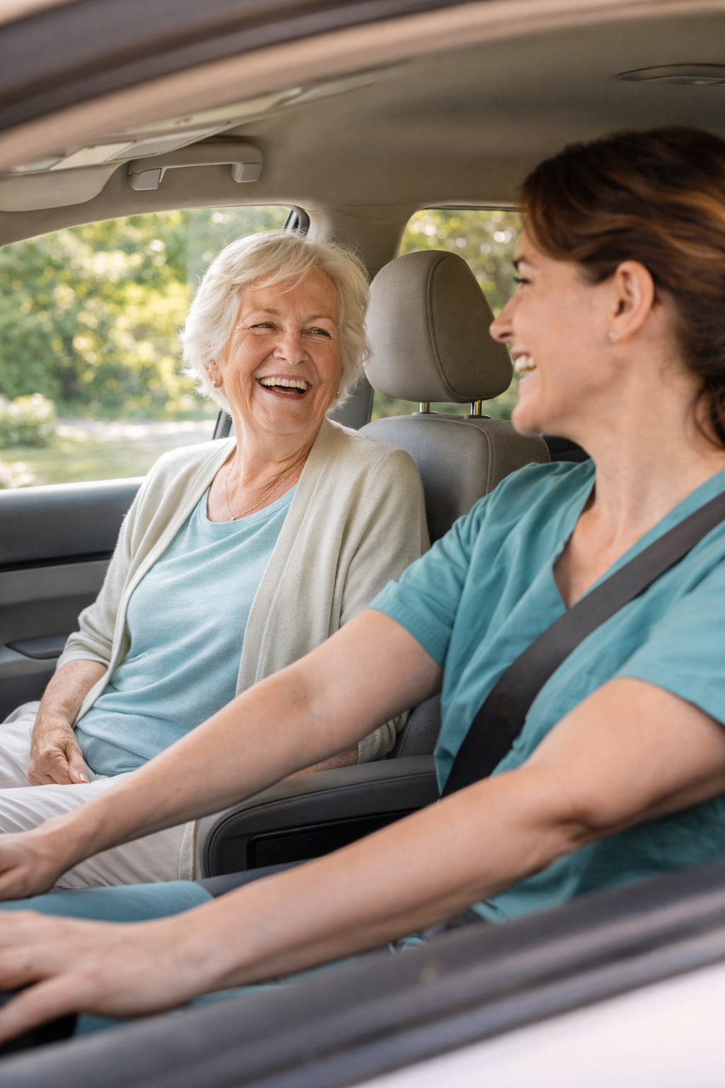 Smiling companion and senior riding together in a car